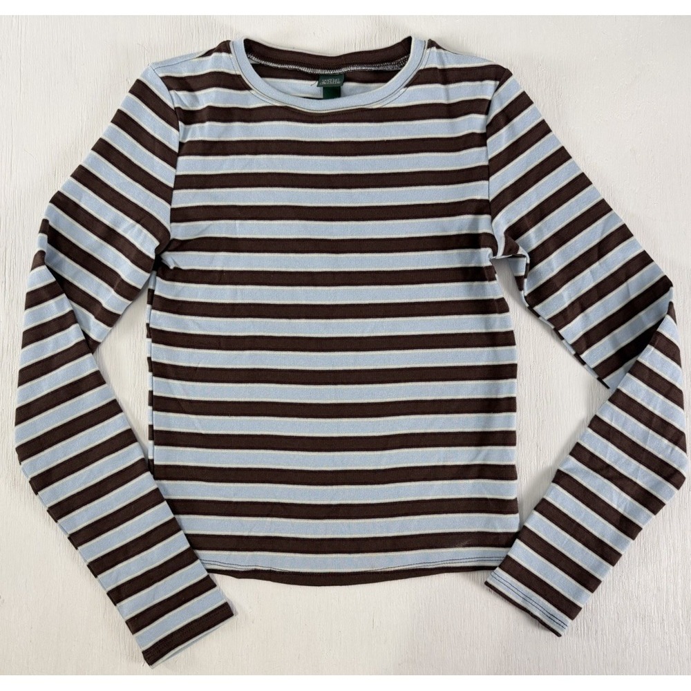 wild fable long sleeve Striped Blue Brown Cropped Fitted Stretch Top Shirt S